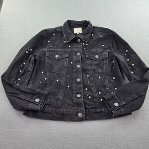 Tgla Jacket Womens Small Black Denim Embellished Pearl Studs Casual Long Sleeve